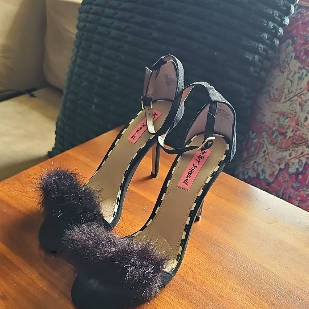 Betsey Johnson Black Heels with Fur Accent 3 Inch Heels